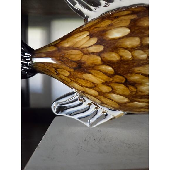 Murano Style Hand Blown Art Glass Fish Amber & Clear Sculpture 11” Vintage - Picture 5 of 10